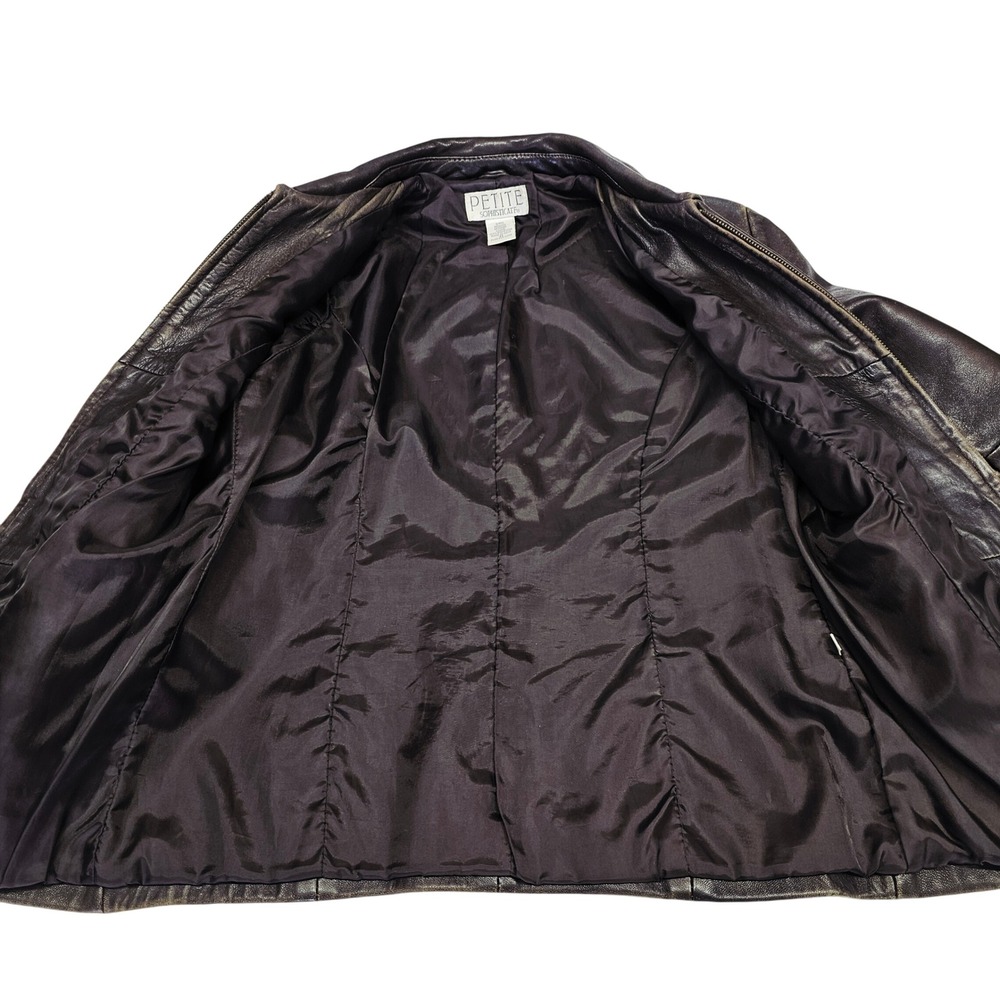 Petite Sophisticate Leather Jacket Womens M Dark Brown Distressed Zip Biker Grng - Picture 4 of 9